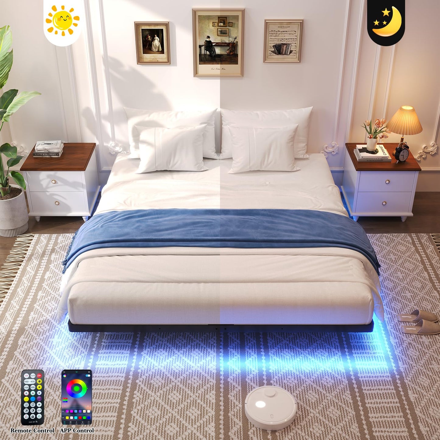 Awesofurni Floating Bed Frame Full Size, Full Bed Frame with Smart LED Lights, Heavy Duty Modern Metal Platform Bed No Box Spring Needed - Easy Assembly and Noise Free