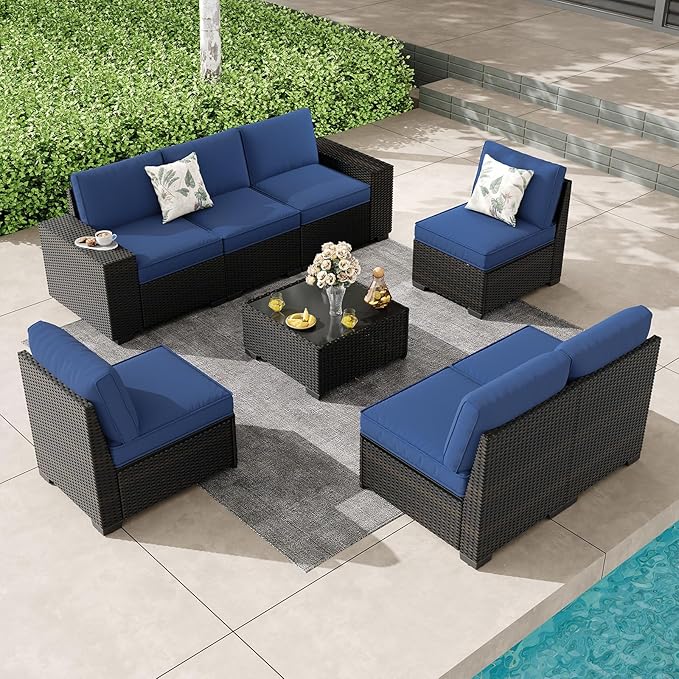 SunloungeCo Patio Furniture Set, 8 Pieces Outdoor Couch Sofa with Wider Armrests & Glass Coffee Table, Outdoor Sectional Furniture with Thick Cushions for Party, Poolside,Garden-Navy
