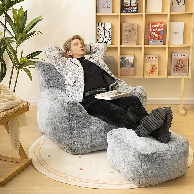 Cvortll Bean Bag Chair with Ottoman, Armrest Bean Bag Chairs with Filler, Ultra Soft Fluffy Faux Fur Bean Bag Chair with Foot Rest, Plush Lazy Sofa with Foot Stool for Living Room, Dorm