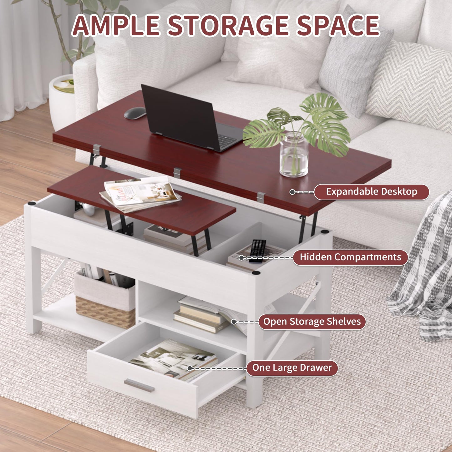 Lift Top Coffee Table, 4 in 1 Coffee Tables with Storage Cabinet for Living Room, Coffee Table with Lifting Top with Wooden Lift Tabletop, Convertible Coffee Table for Living Room,Home Office,Espresso