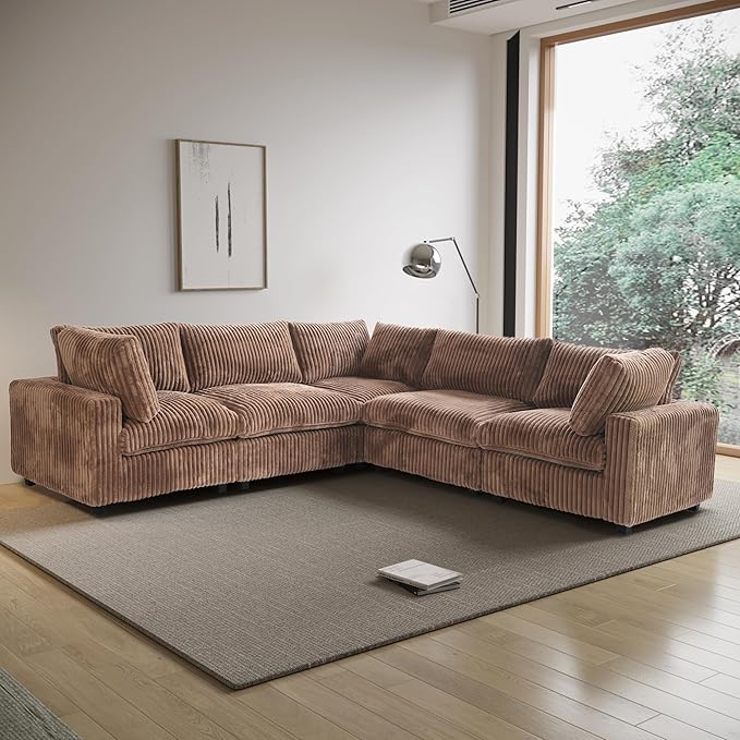 WJShome Cloud Couch Modular Sectional Sofa,118" Oversized 5 Seater Convertible Sofa,V Shaped Plush Couch for Living Room,Comfy Wide Seat Couches,Covers Washable&Replaceable-Brown