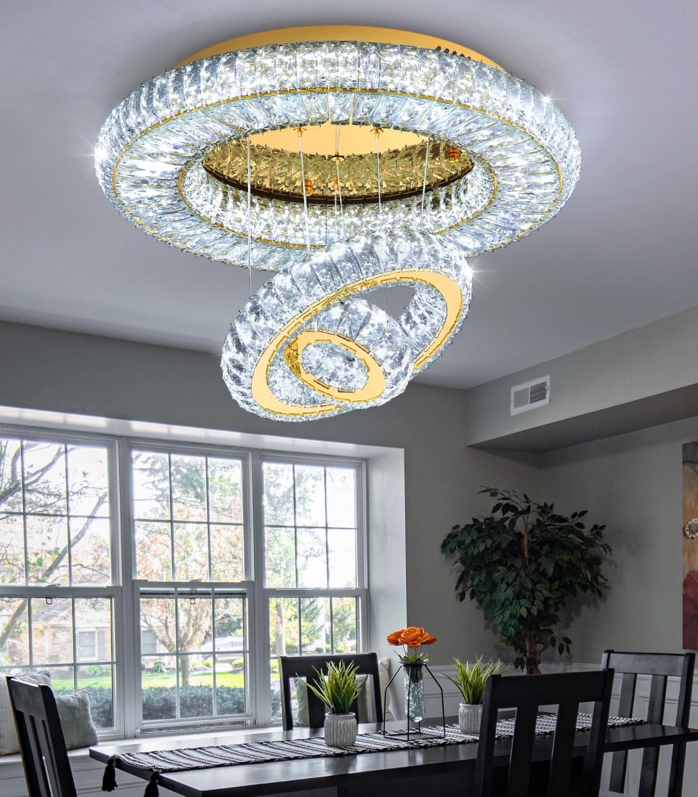 24'' Modern Crystal Chandeliers for Living Room LED Dimmable Ceiling Light Fixtures for Flush Mount Light for Bedrooms Foyer Hallway Entryway Gold