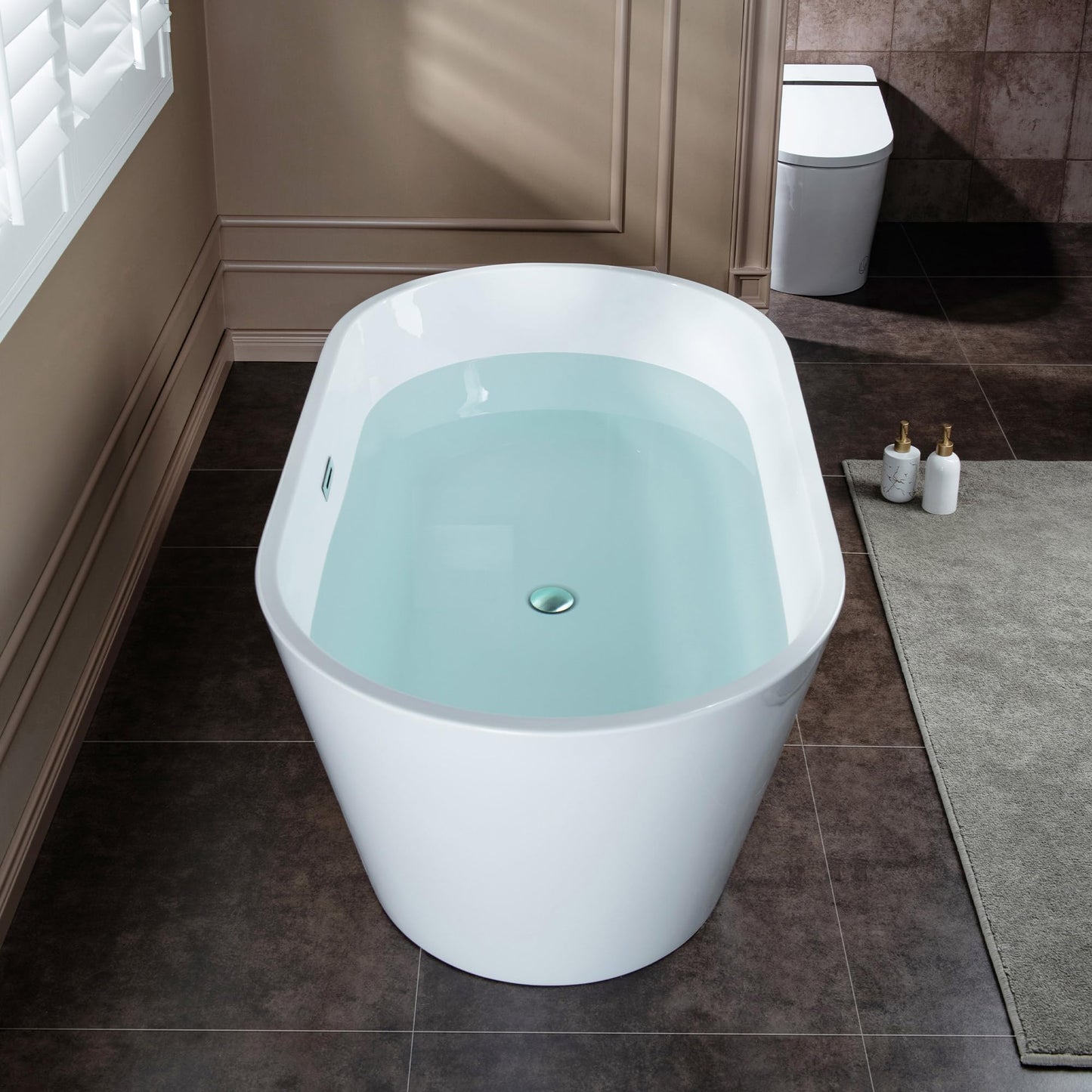 WOODBRIDGE 59" Acrylic Freestanding Bathtub Contemporary Soaking White Tub with Chrome Overflow and Drain