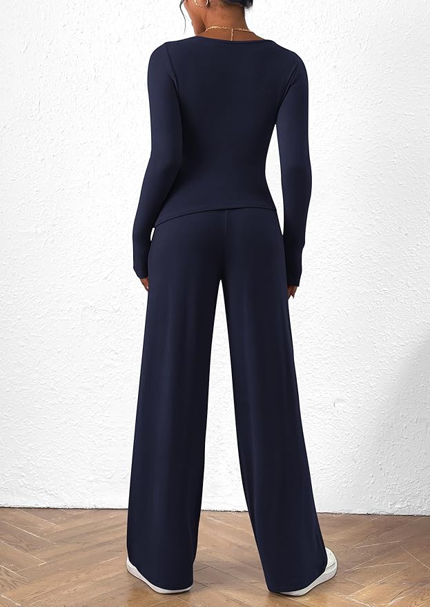 PRETTYGARDEN Women's 2 Piece Lounge Sets Asymmetrical Long Sleeve T Shirt Wide Leg Pants Casual Outfits Tracksuit