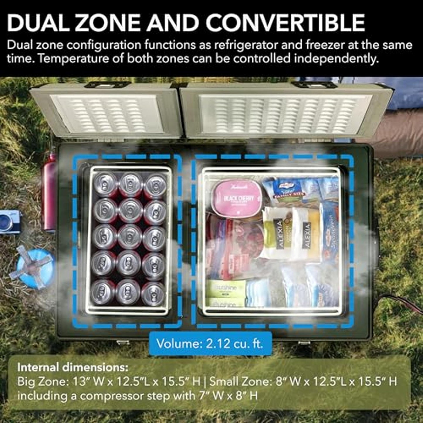 Whynter FM-62DZ 62 Quart Dual Zone Portable Refrigerator and Deep Freezer Chest, AC 110V/ DC 12V, Real Freezer for Car, Home, and RV, -8°F to 50°F Temperature Range, Gray, Fridge + Power Supply Cord