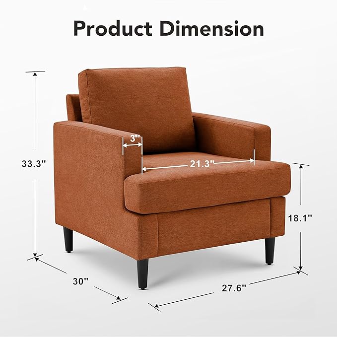 Weture Mid-Century Accent Chair,Modern Linen Fabric Armchair for Living Room,Comfy Upholstered Reading Accent Chairs for Bedroom,Single Sofa Chair with Wood Legs (Orange, 1 Pack)