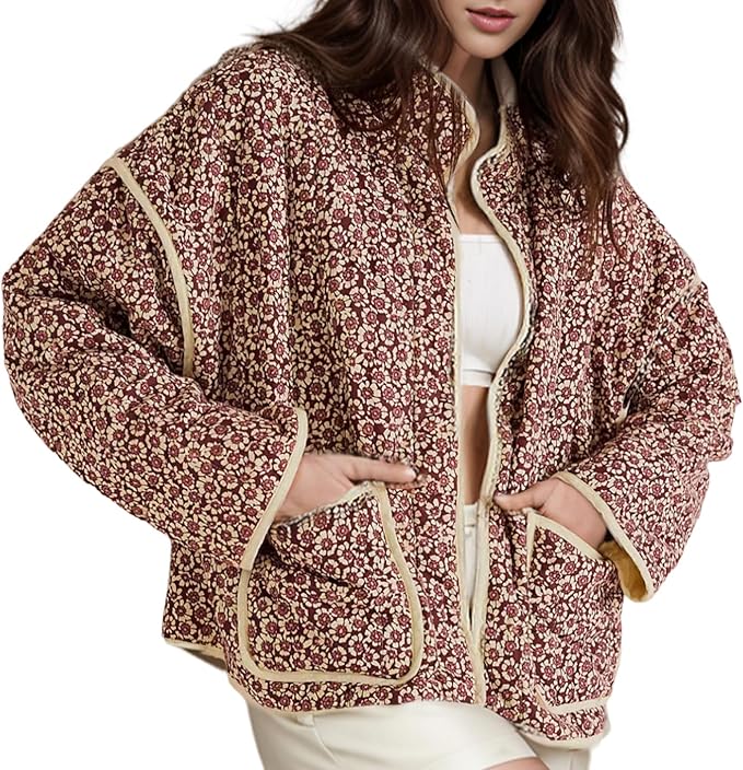 Yimoon Women's Cropped Puffer Quilted Jacket Vintage Floral Print Open Front Lightweight Short Jacket Outerwear
