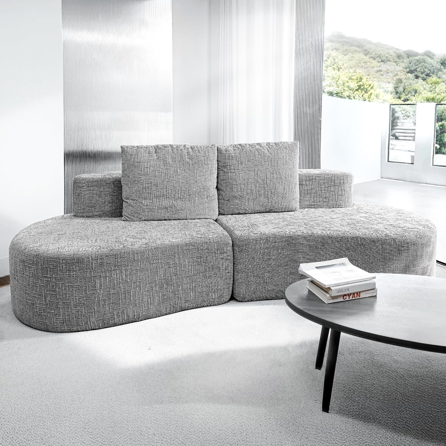 HOMRELEXA 98" Curved Sofa with Half Moon Design, Sofa Bed with 2 Throw Pillows & 4 Seaters for Living Room, Office & Apartment,No Assembly Needed(Light Grey)