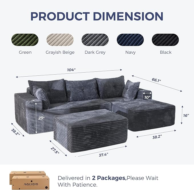 MAXYOYO 104" U-Shaped Modular Sectional Couch, Modern Boneless Couch for Living Room, Sofa in A Box, Oversized Sofa Sleeper with Deep Seat, No Assembly Required, Dark Grey