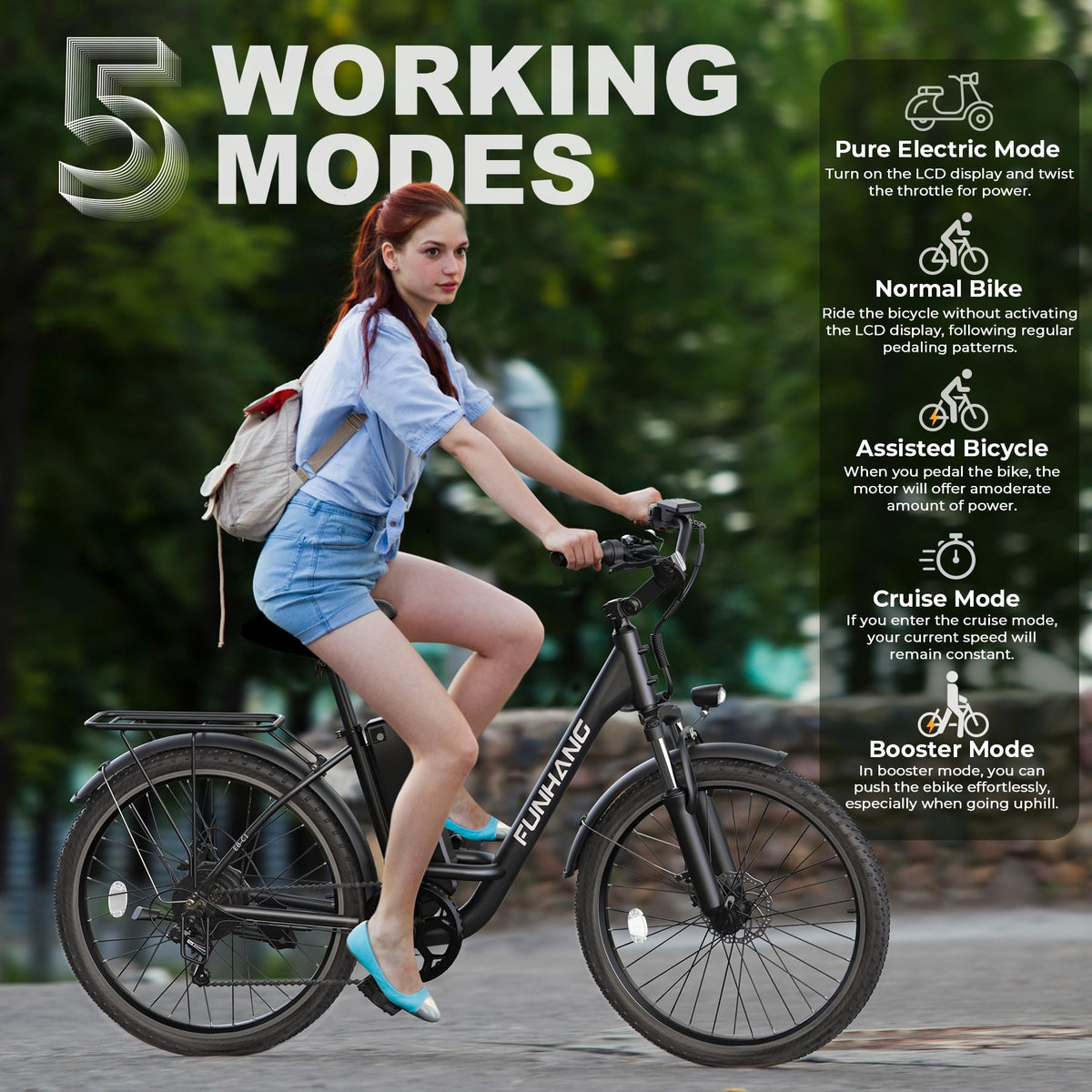 Funhang Electric Bike for Adults, 26" 1000W Peak City Cruiser Ebike, 21.7MPH 50 Miles Commuter Electric Bicycle with 48V 374.4WH Removable Li-ion Battery, Adjustable Stem, Rear Rack, Fenders, 7-Speed