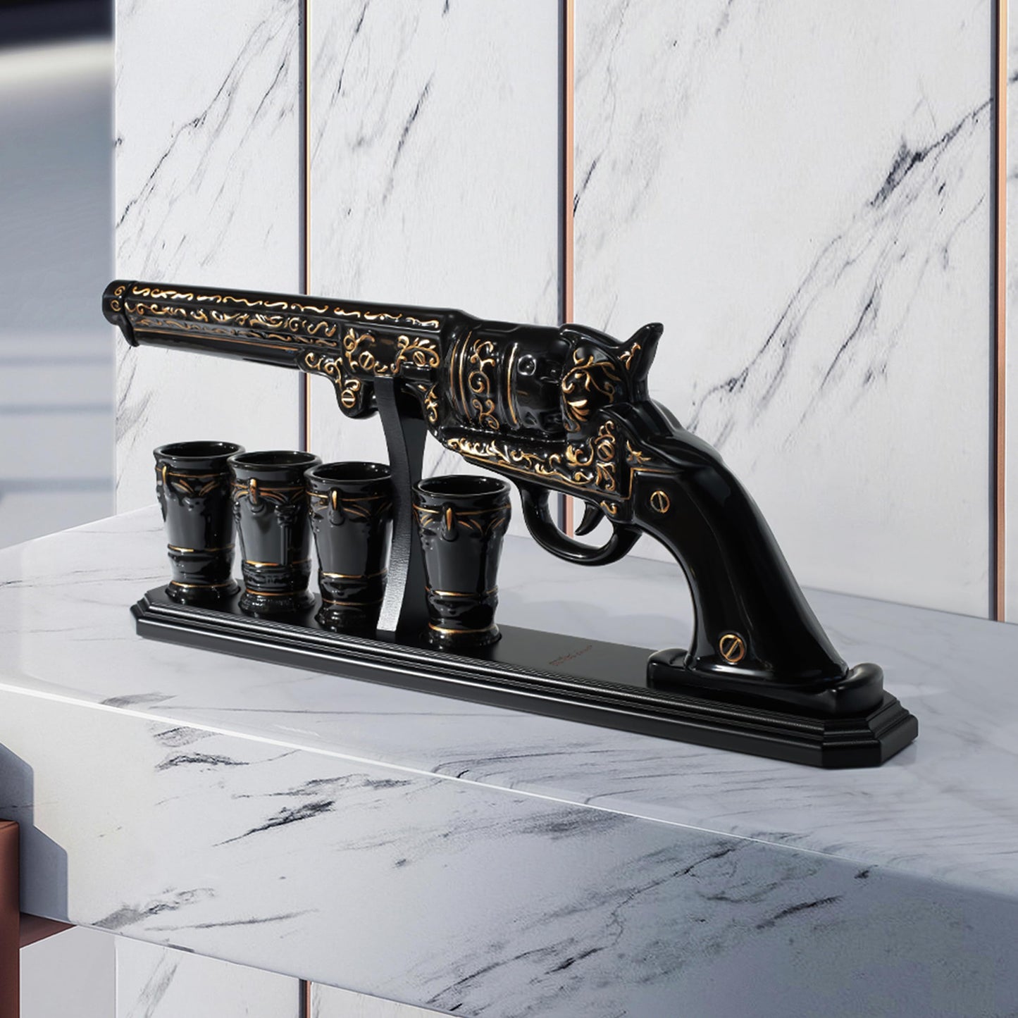 Gifts for Men Dad Hand Painted Pistol Gun Whiskey Decanter Set & Shot Glass - Black & Gold & 4 Bullet Shots - Unique Birthday Fathers Day - Gift for Brother, Cool Anniversary Present Him Husband