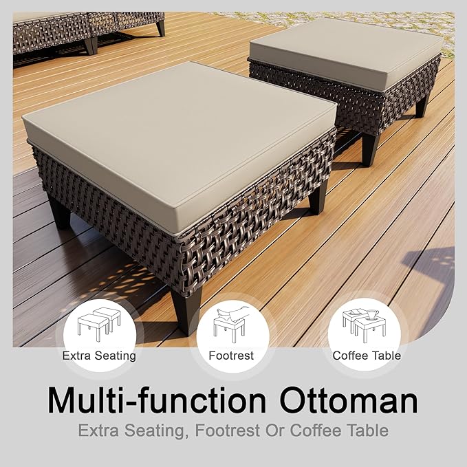 PCSXDSW 7 Pieces Patio Furniture Set, Outdoor Conversation Sets with Footstool, Wicker Rattan Sofa Couches Chairs Ottomans for Porch, Poolside, Deck, Balcony, Backyard, Yard, Garden (Beige Cushions)