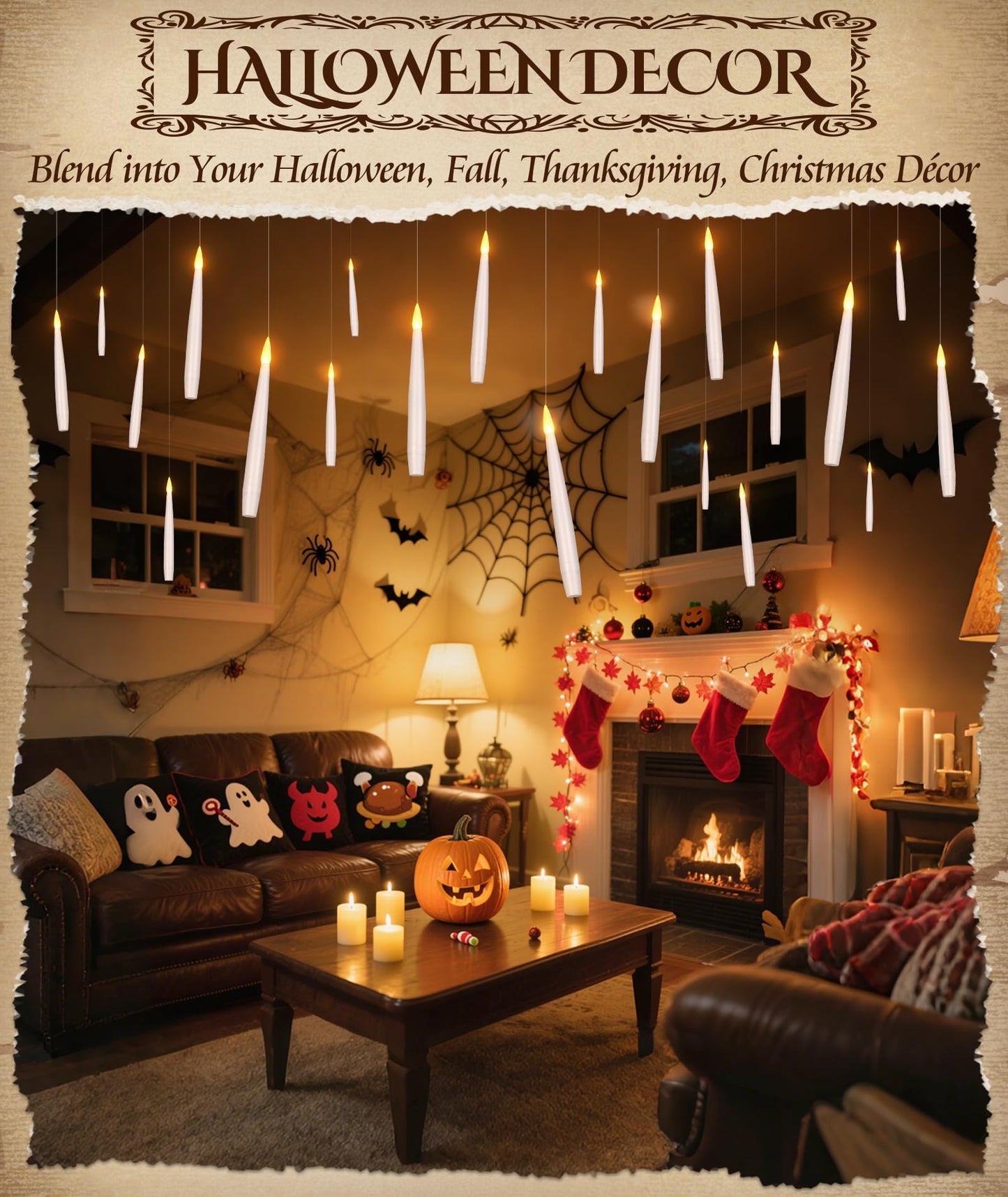 Halloween Decorations Floating Candles with Wand: 20Pcs Flameless Floating Candles with LED Warm Lights Battery Operated Magic Candle for Birthday Gifts Halloween Party Decorations Indoor Home Decor