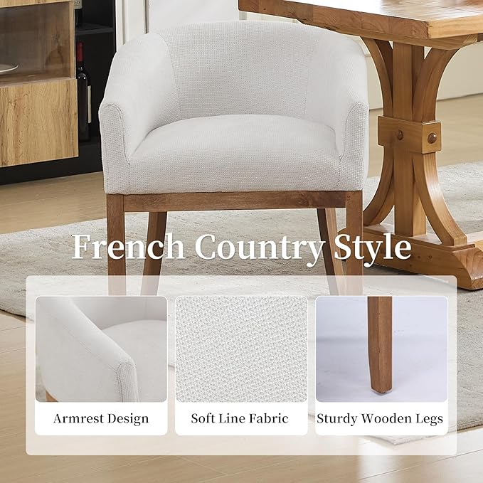 Shenyon Mid Century Modern Dining Chairs with Arms, Upholstered Linen Fabric Dining Room Chairs with Solid Wood Legs, Comfy Barrel Accent Chairs for Dining Room, Living Room, or Cafe,Beige