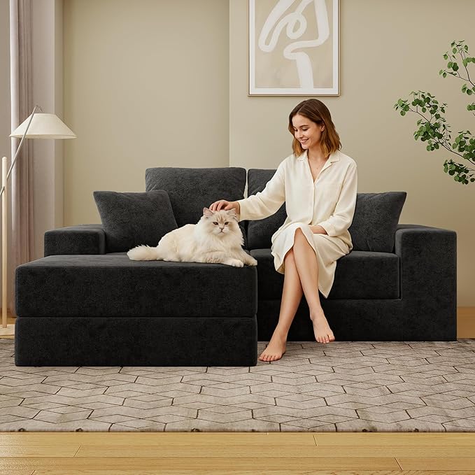 Cloud Modular Sectional Sofa, Comfy Boneless Couch for Living Room, Modern L-Shaped Couch with Reversible Chaise, Customizable Sleeper Sofa with Non Slip, No Assembly & Deep Seat, Black