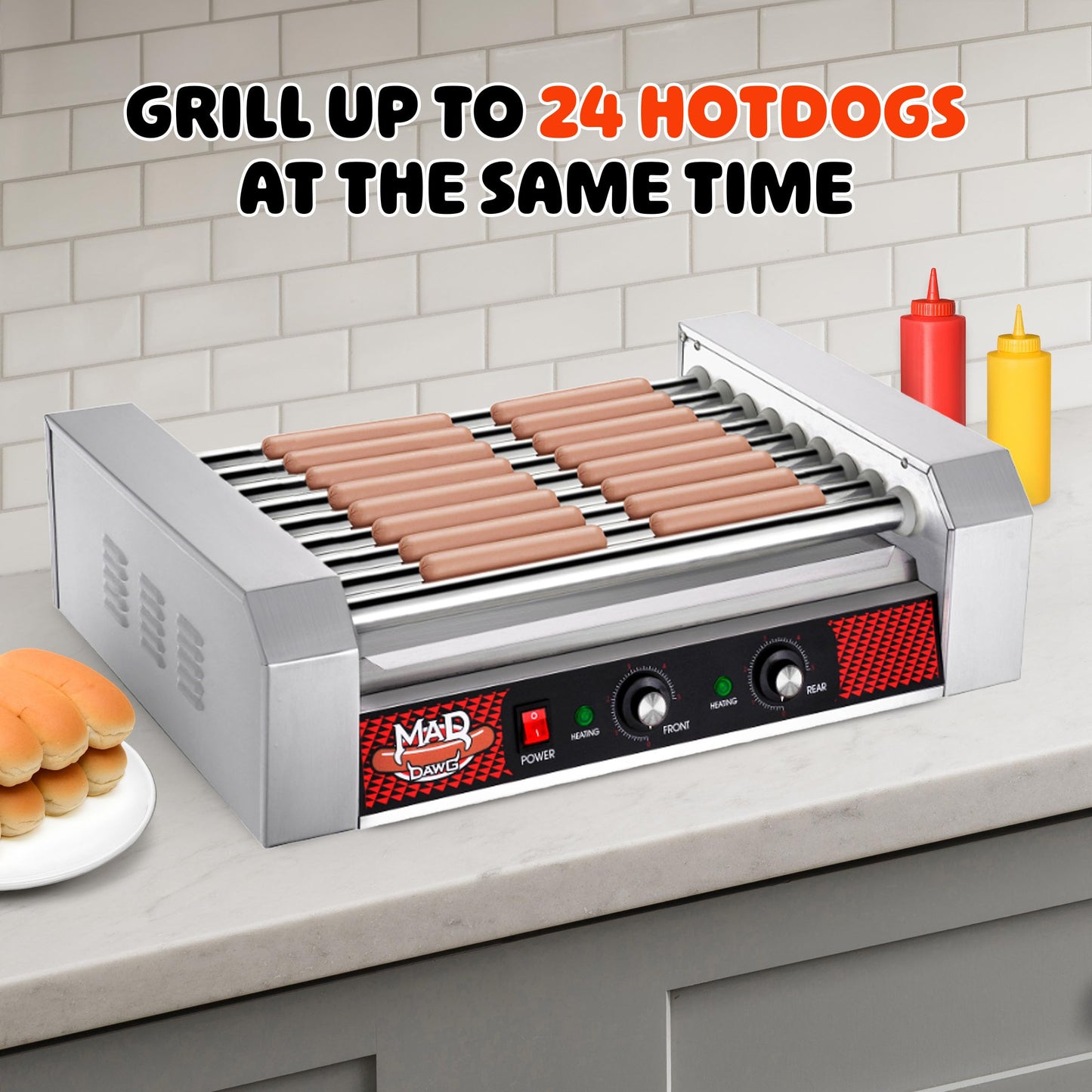 Hot Dog Roller Machine - Stainless-Steel Cooker with 9 Rollers - Cooks 24 Hot Dogs - Concession Stand Supplies by Great Northern Popcorn