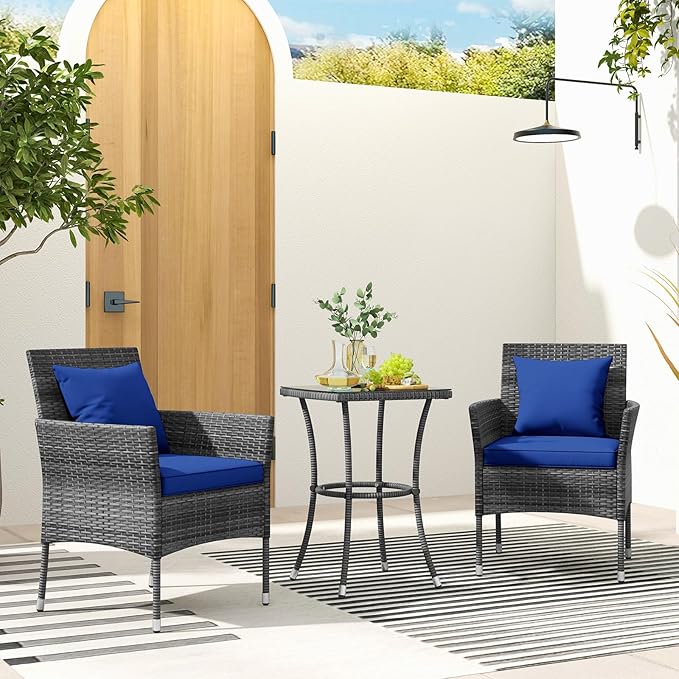 KOTEK 3 Pieces Patio Furniture Set, PE Rattan Outdoor Conversation Set with Tempered Glass Table & Soft Cushions, Wicker Bistro Set for Garden, Porch, Balcony (Navy)