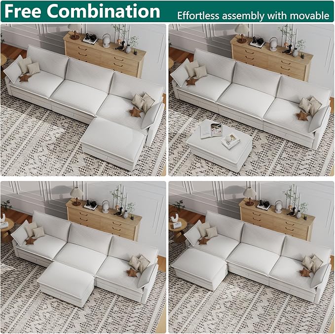 OhaiAura Modular Sectional L Shaped Sofa Couches with Storage Ottoman, Cloud Couch for Living Room, Comfy Sofa with Pillow, White