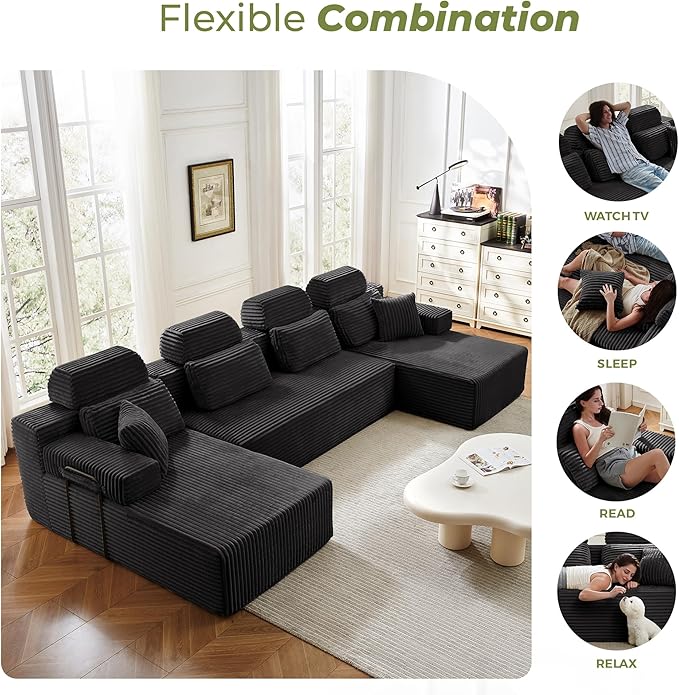 141" U-Shaped Cloud Modular Sectional Sofa with Chaise & Headrest, Boneless Deep Seat Plush Corduroy Couches for Large Living Room, No Assembly Required (Black, 141" U-shapred Chaise)