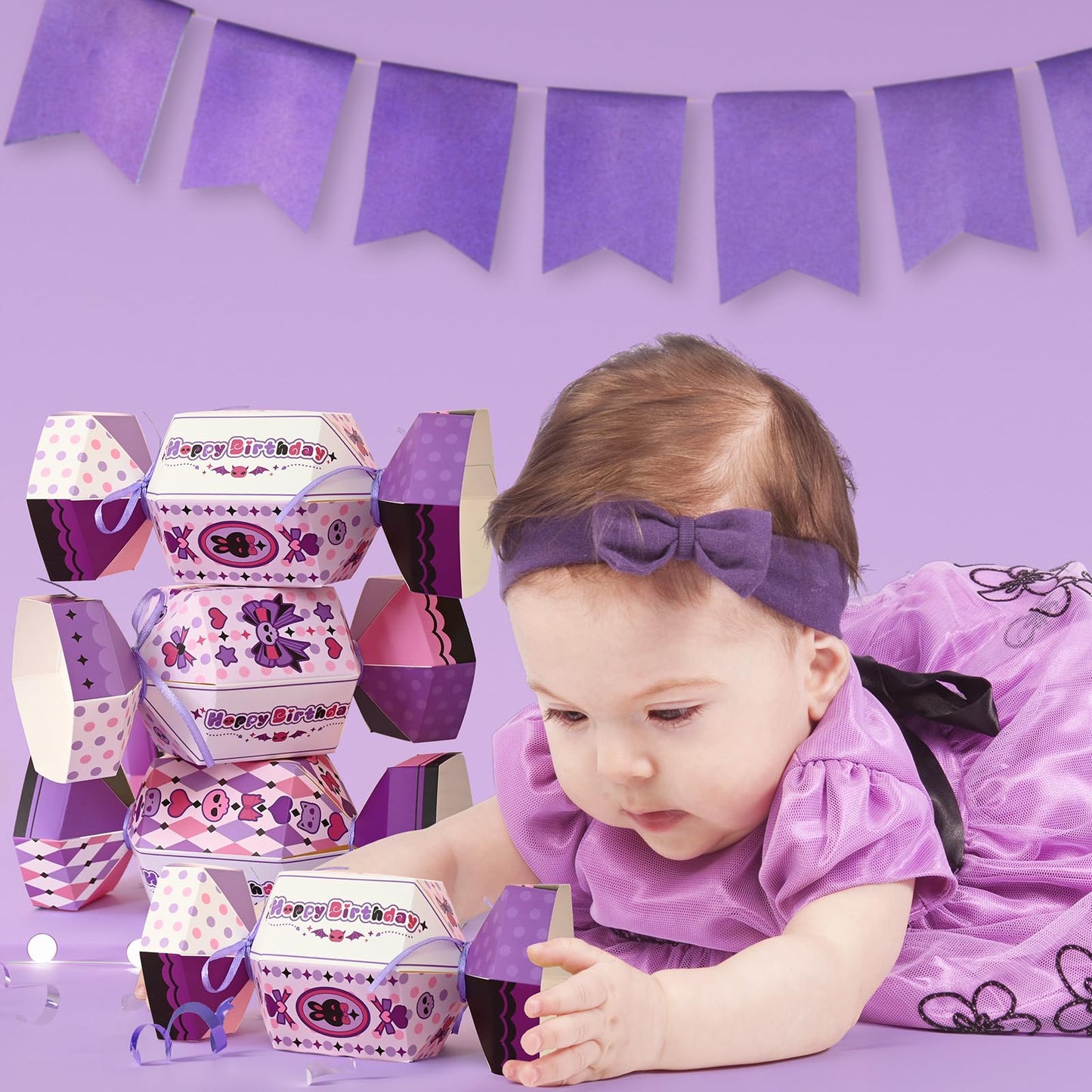 Bupelo Gothic Kawaii Birthday Decorations, 12Pcs Cartoon Party Candy Bags Treat Bags - Cute Skull & Bow Design, Light Purple Paper Party Favor Gift Decors for Girls Kids Birthday, Halloween (8.1x2.7 Inch)