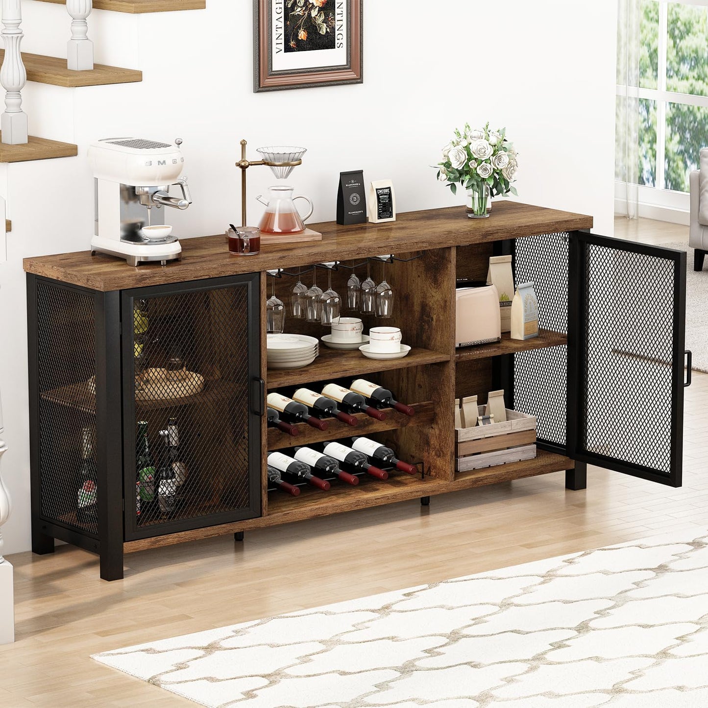 Launica Industrial Coffee Bar Cabinet, Wine Bar Cabinet for Liquor and Glasses, Liquor Cabinet with wine Rack Storage, Wood Metal Sideboard Buffet Cabinet for Home Kitchen Dining, Rustic Brown 55 Inch