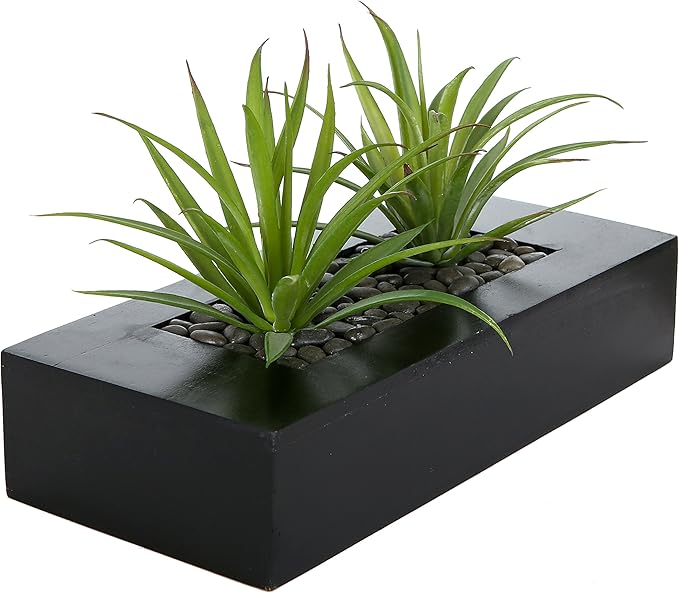 MyGift 10 Inch Fake Grass Artificial Plants in Rectangular Black Wood Planter - Faux Plants Indoor for Tabletop Centerpiec...