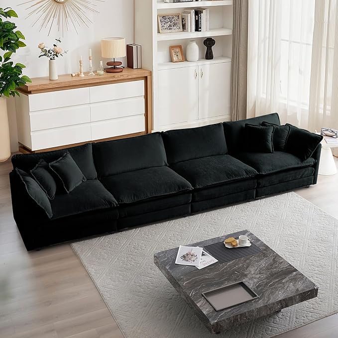 mikibama Luxury Modular Sectional Sofa, 146.5" Modern Chenille Comfy Cloud Couches for Living Room Office, 4 Seater Deep Sofa with 2 Armrest Pillows and 4 Toss Pillows, Black