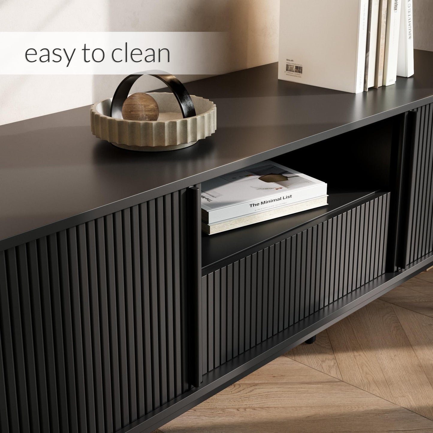 Furniway Modern TV Stand for 45/55/70 inch TV, Entertainment Center with Sliding Doors and Storage, Wood TV Stand for Bedroom, Living Room, Black