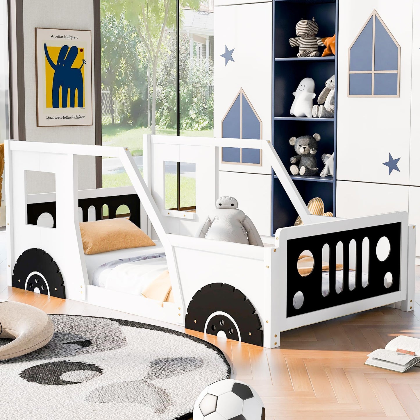 Twin Size Car Bed, Wood Floor Bed Frame with Headboard & Footboard and 4 Side Rails, Kids Racecar Bed for Boys Girls Teens, White