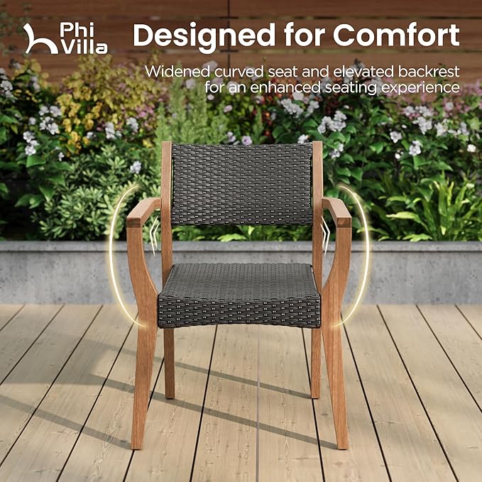 PHI VILLA Outdoor Acacia Wood Chairs Set of 4, Heavy-Duty Dining Armchairs with Wicker Back & Seat, Farmhouse Style Teak Seating Furniture for Patio, Deck, Yard, Balcony, Garden