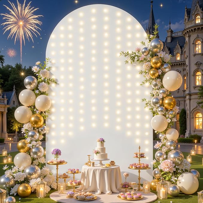 White Arch Backdrop Cover with Lights Wedding Arch Covers 7.2ft Stretchy Backdrop Light up White Fabric Spandex Arch Cover...