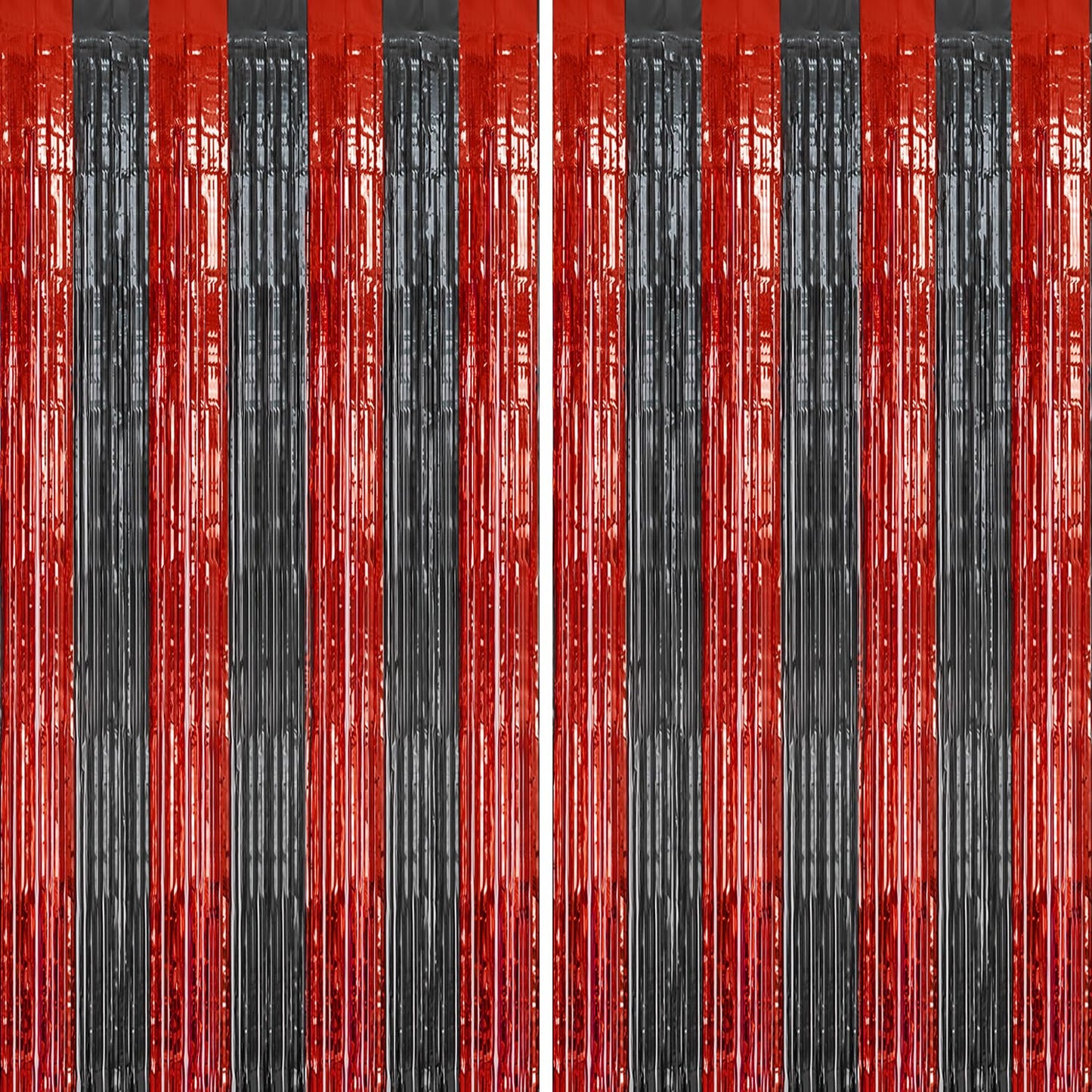 DECOCKRAT 2 Pack Foil Fringe Backdrop - Red&Black Shiny Tinsel Curtains for Party Decoration/Photo Booth Props - 3.3x6.6 FT Metallic Foil Backdrop for Birthday, Wedding, Graduation, Christmas.