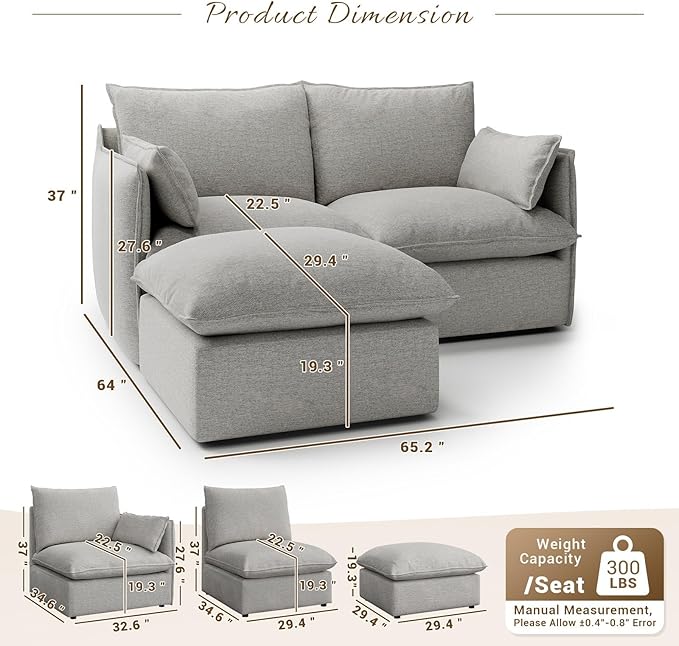 Forest aesthetics Cloud Modular Sectional,Waterproof High Backrest Loveseat Sectional Sofas,Down Filled Modular Couch with Removable Washable Cover for Living Room,Light Gray