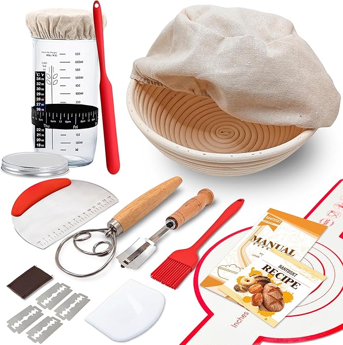 Complete Sourdough Starter Kit, Banneton Bread Proofing Basket with Glass Sourdough Starter Jar, Sourdough Bread Baking Su...