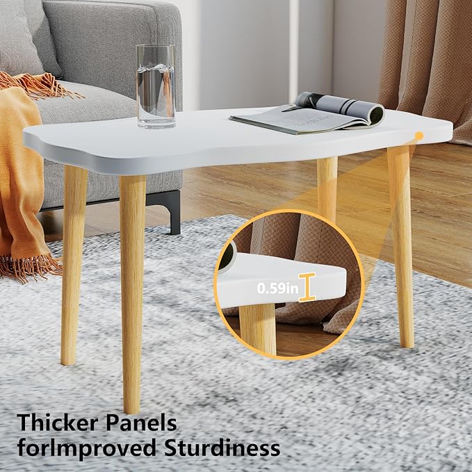 Funecy Cookie Coffee Table Low Table with 4 Solid Wood Sturdy Legs, Floor Table Desk for Sitting on The Floor, Storage and Living Room Furniture (White)