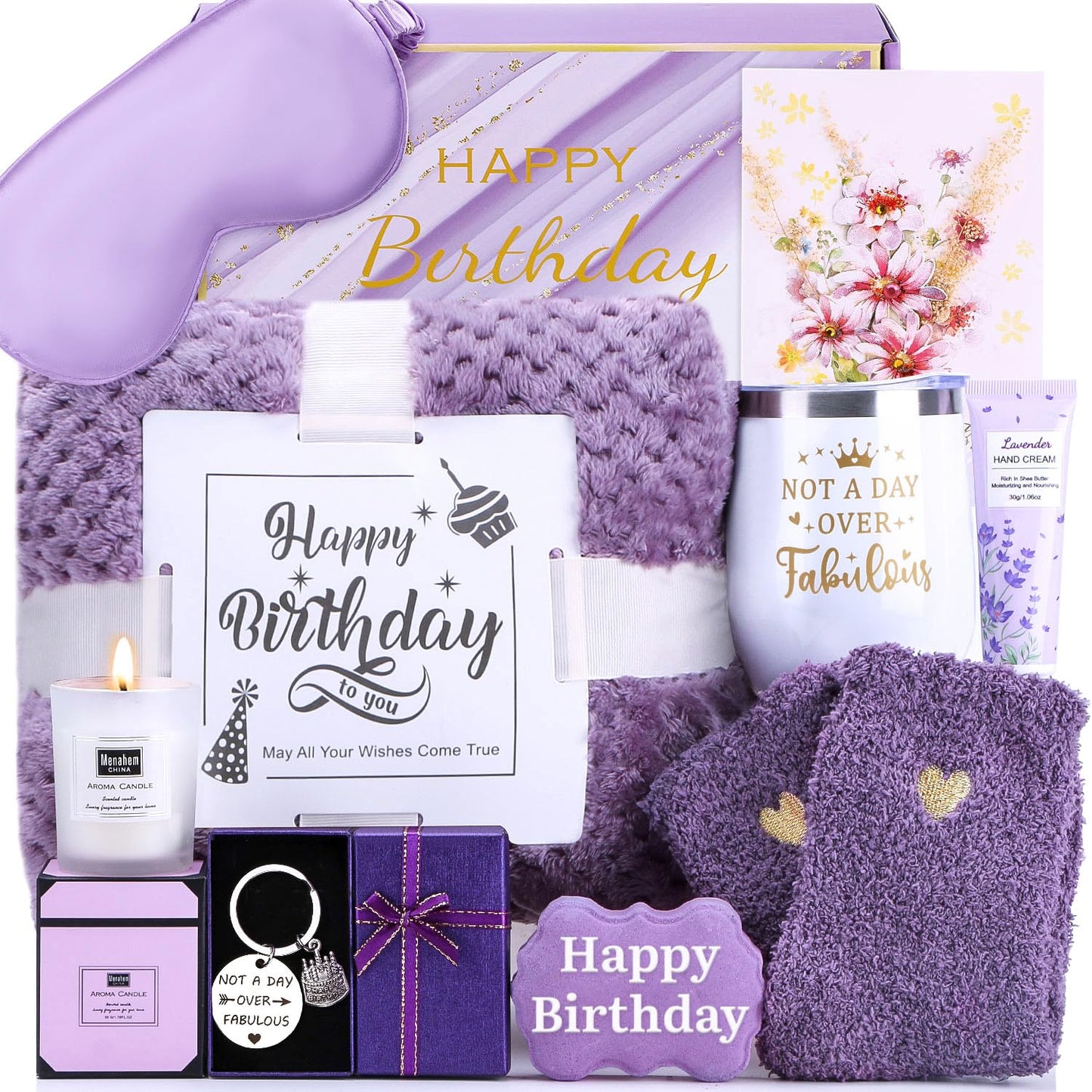 Birthday Gifts for Women, Happy Birthday Gifts for Mom, Her, Sister, Best Friend, Girlfriend, Coworker, Wife Bday Gift Ideas, Unique Relaxing Spa Birthday Gift Basket for Women Care Package w/Blanket