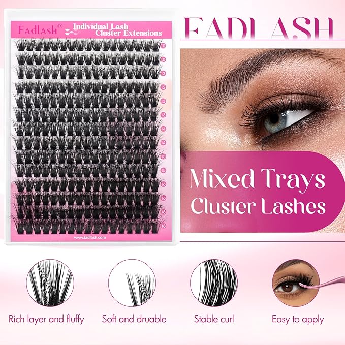 Lash Clusters 80D 255pcs 10-18mm Mixed Tray 3D Effect Fluffy Cluster Lashes D Curl Wispy Individual Lashes False Mink Eyelashes DIY Flat Lash Extension Individual Lashes Cluster (80D-0.07-D,10-18mm)