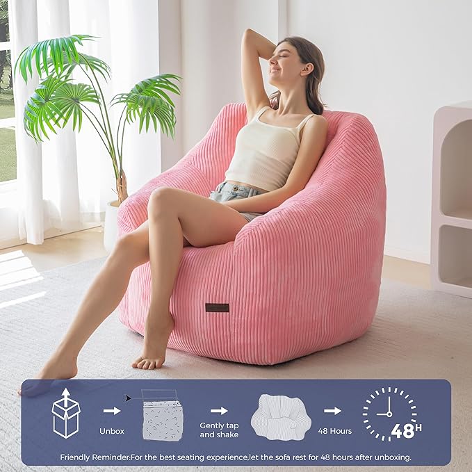 MAXYOYO Bean Bag Chair, Bean Bag Sofa with Filler, Cozy Living Room Chair for Adults and Kids, Stuffed Floor Sofa for Bedroom Dorm Reading, Pink