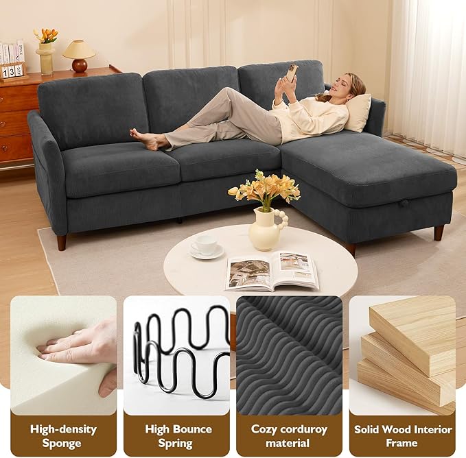 Valthie Convertible Sectional Sofa,Corduroy L-Shaped Couch with Reversible Storage Chaise,3-Seater Sofa with Side Pocket for Living Room,Bedroom and Office, 106.7",Grey