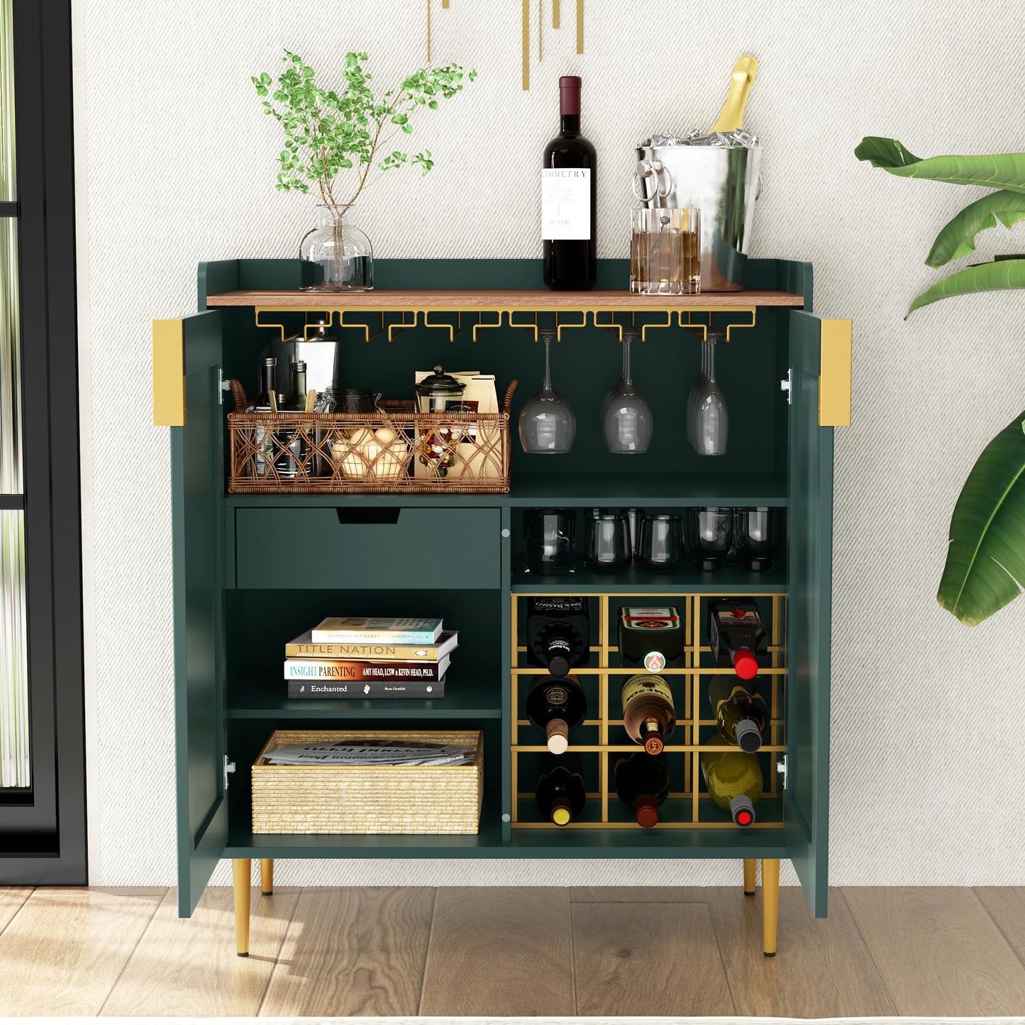 ARTPOWER Coffee Bar Cabinet with Wine Racks, Green Liquor Cabinet with Fluted Texture, Modern Sideboard Buffet Cabinet for Kitchen Dining Room, Living Room