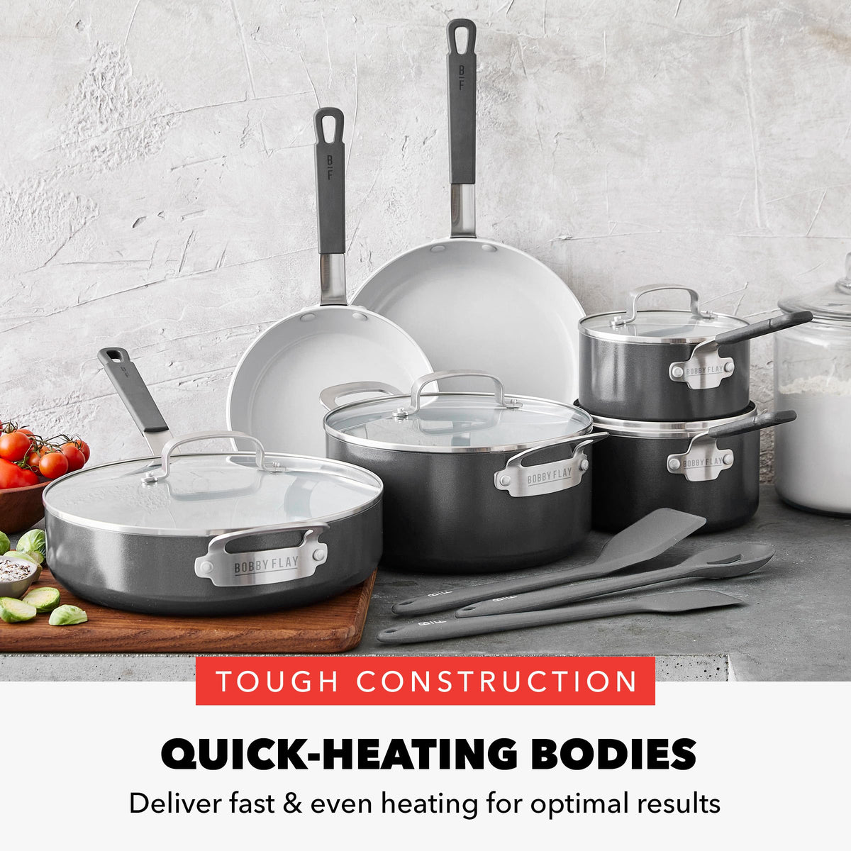 GreenPan x Bobby Flay 13 Piece Nonstick Cookware Pots and Pans Set, PFAS-Free Diamond Ceramic, Induction Suitable, Easy Clean Dishwasher & Oven Safe, Stay-Cool Silicone Handles, Glass Lids, Graphite