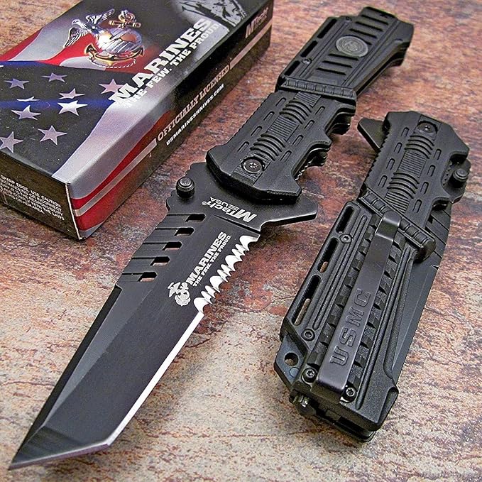 Snake Eye Tactical Officially Licensed USMC U.S Marines Tanto Military Assisted Folding Pocket Knife (Black