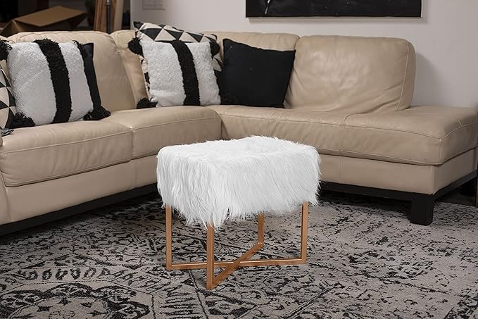 BIRDROCK HOME Rectangular White Faux Fur Foot Stool Ottoman with Gold Legs - Vanity Chair - Soft Compact Padded Seat - Bedroom and Kids Room Chair - Metal - Fluffy Makeup Seat