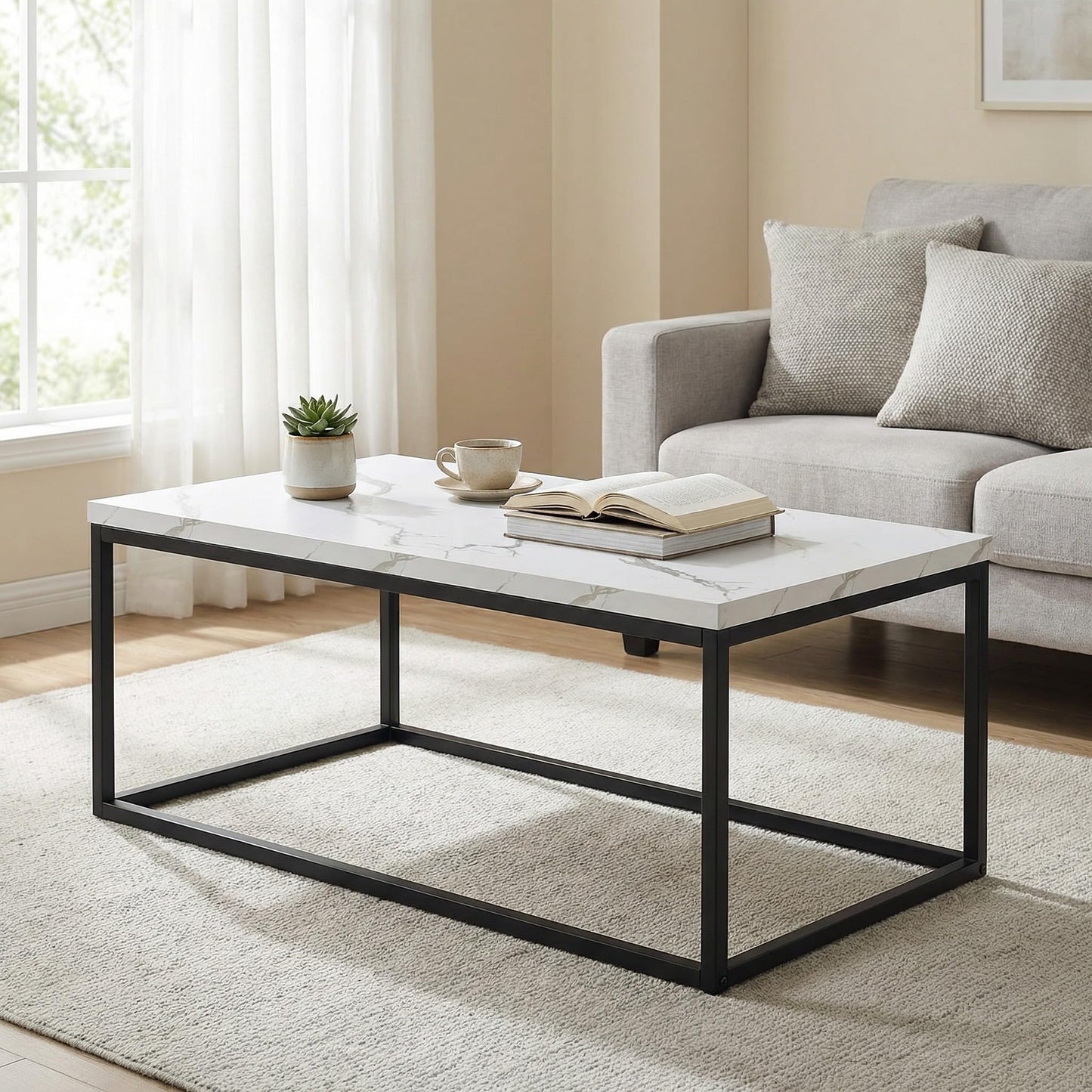 CENSI 40" White Marble Coffee Table for Living Room, Modern Rectangle Cocktail Table with Black Metal Legs, Industrial Faux Stone Center Table, Extra Thick Top, Sturdy & Easy Assembly