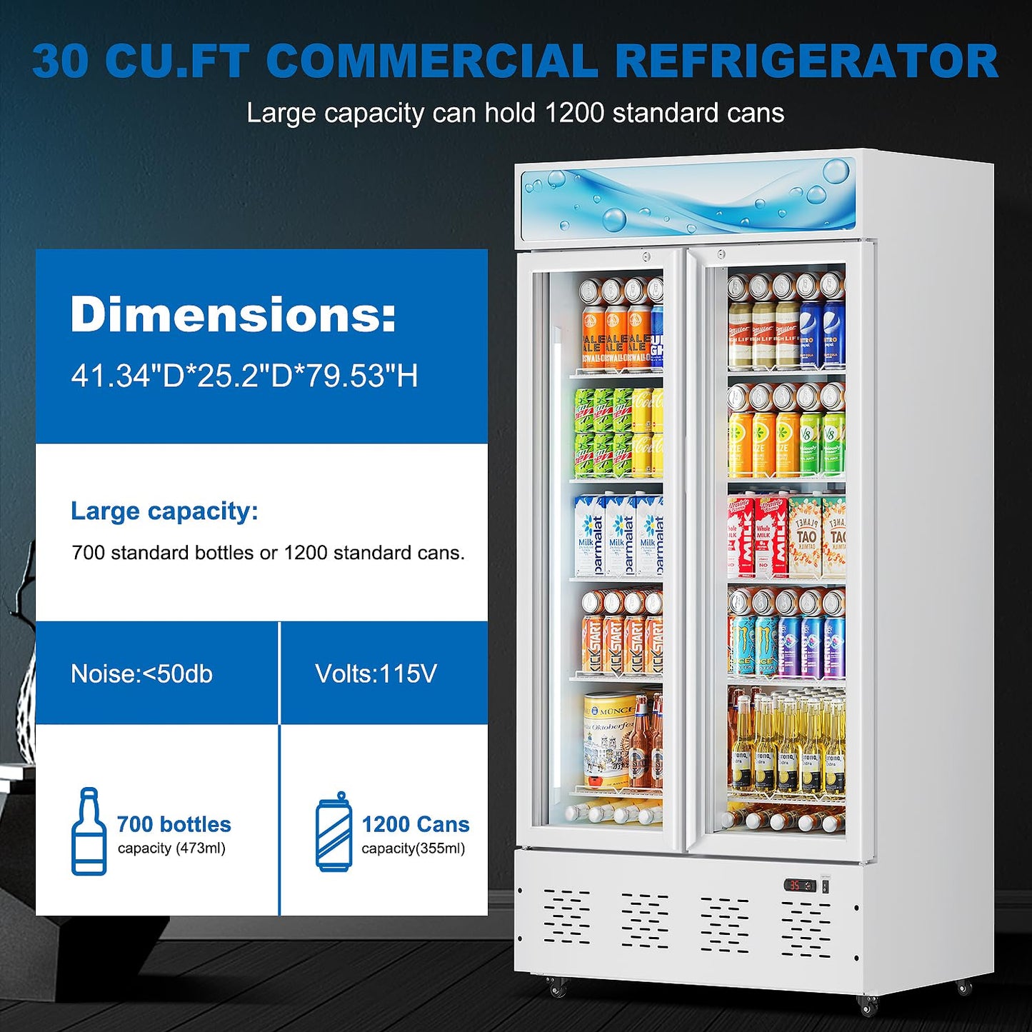 ECEVT 41.34'' W Commercial Beverage Refrigerators, 30 Cu.ft Glass Door Refrigerator Commercial with LED Light and 10 Shelves, Display Refrigerator for Restaurant Store Cafe Bar, White