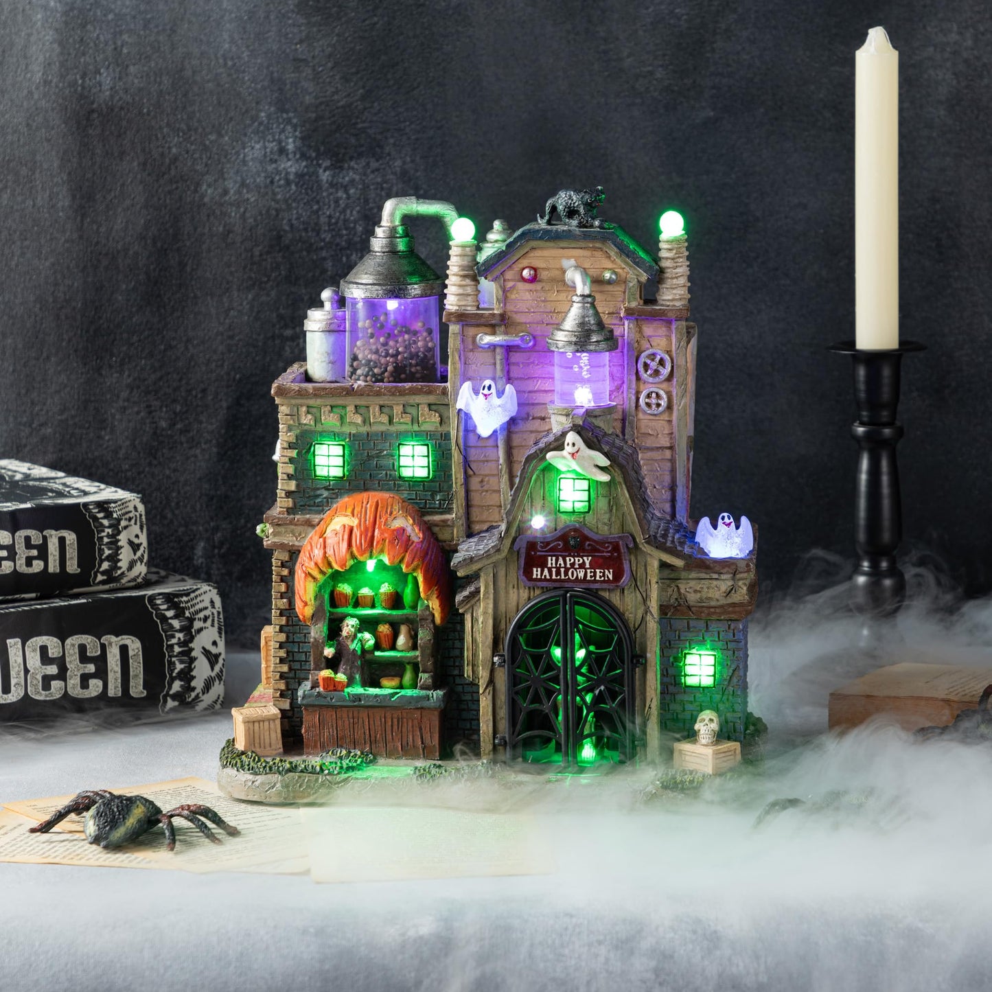 Glitzhome Halloween Decorations, 11" H Lighted Halloween Village Houses Decor with LED Lights, Resin Haunted Spooky Town for Home Party Table Desk Mantel Ornaments
