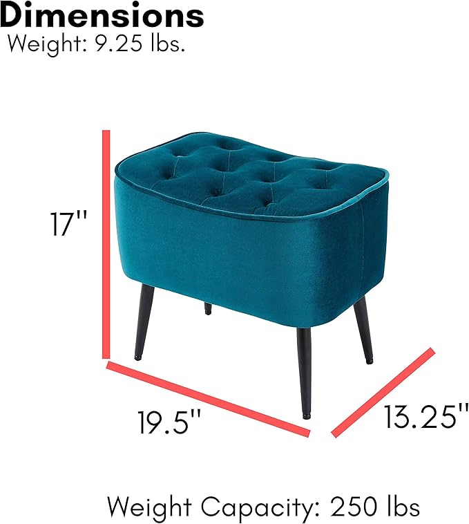 BIRDROCK HOME Tufted Curve Ottoman Velvet Foot Stool - Upholstered Padded Footrest for Living Room or Bedroom - Small Cushioned Accent Chair for Couch, Sofa, Lofted Seating - Modern Furniture - Teal