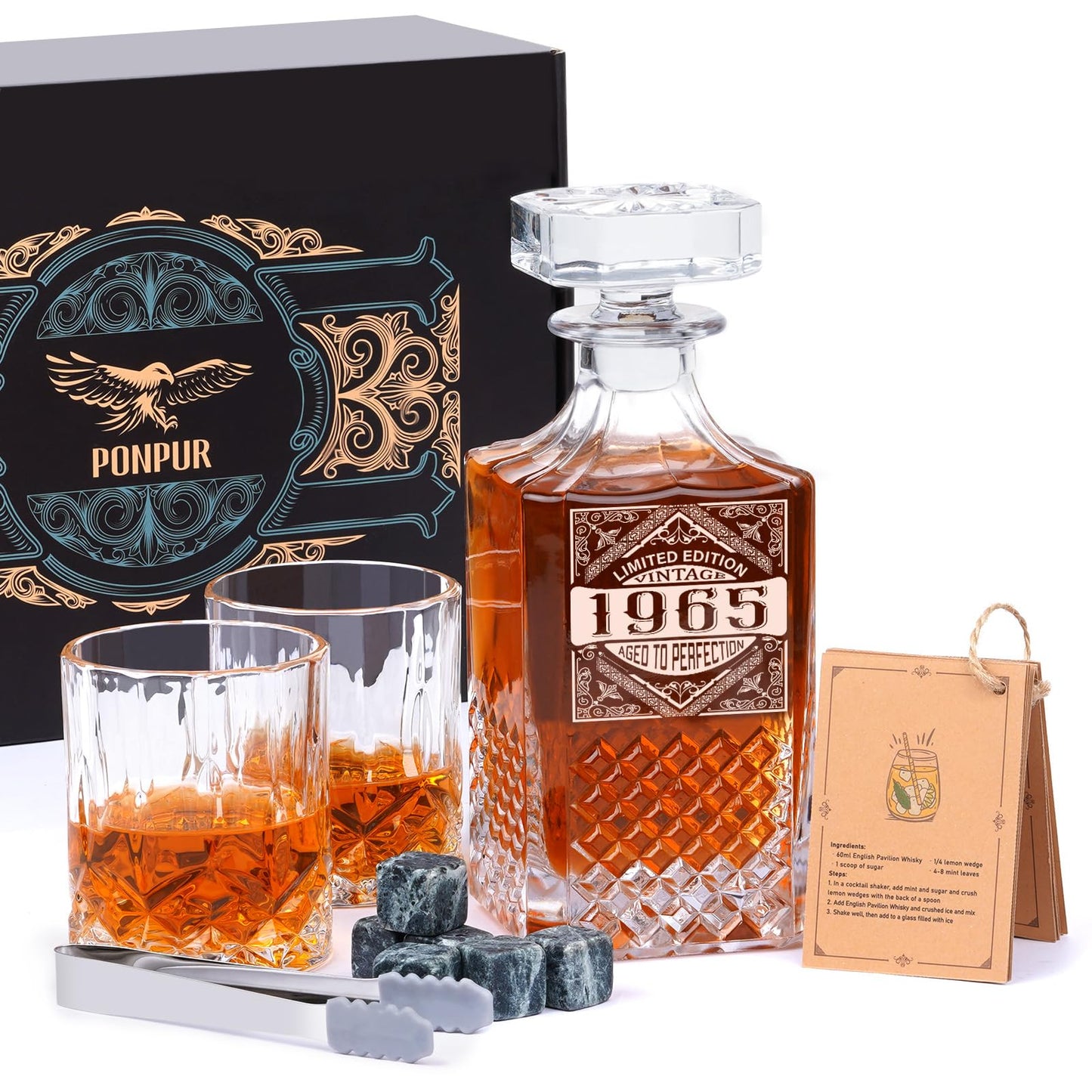 PONPUR 1965 60th Birthday Gifts For Men Dad, 1965 Laser Whiskey Decanter Set with Gift Box, Anniversary Bday Gift Ideas for Him Husband, 60 Years Decorations, Whiskey Glasses & Whisky Stones Inc.