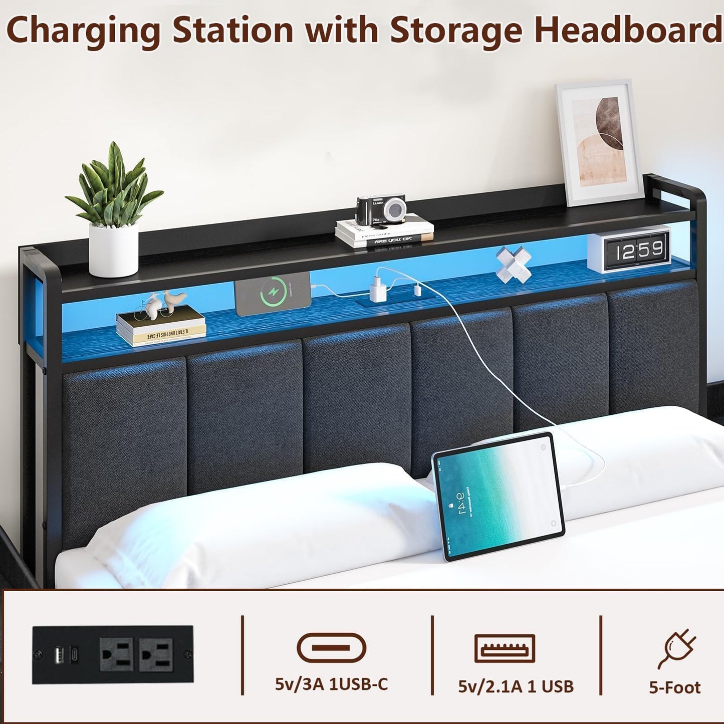 Twin Size Bed Frames with LED Lights and Storage, Metal Platform Bed Twin with Upholstered Headboard and Charging Station, Heavy Duty Metal Slats, No Box Spring Needed, Easy Assembly, Dark Grey
