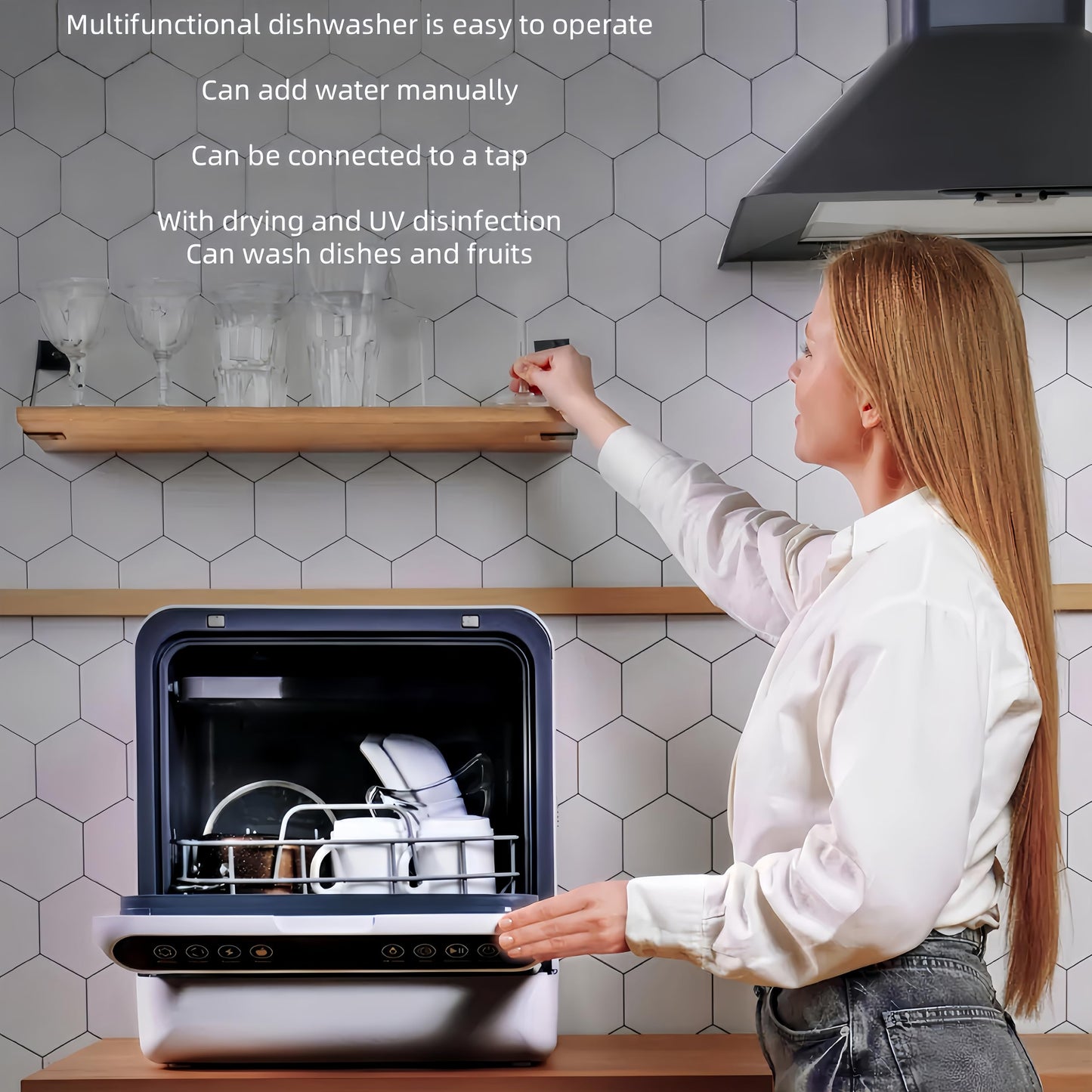 Dishwasher Tabletop dishwasher Portable Small fully automatic dishwasher with four wash modes plus drying and sterilizing modes Can be connected to the tap and filled manually